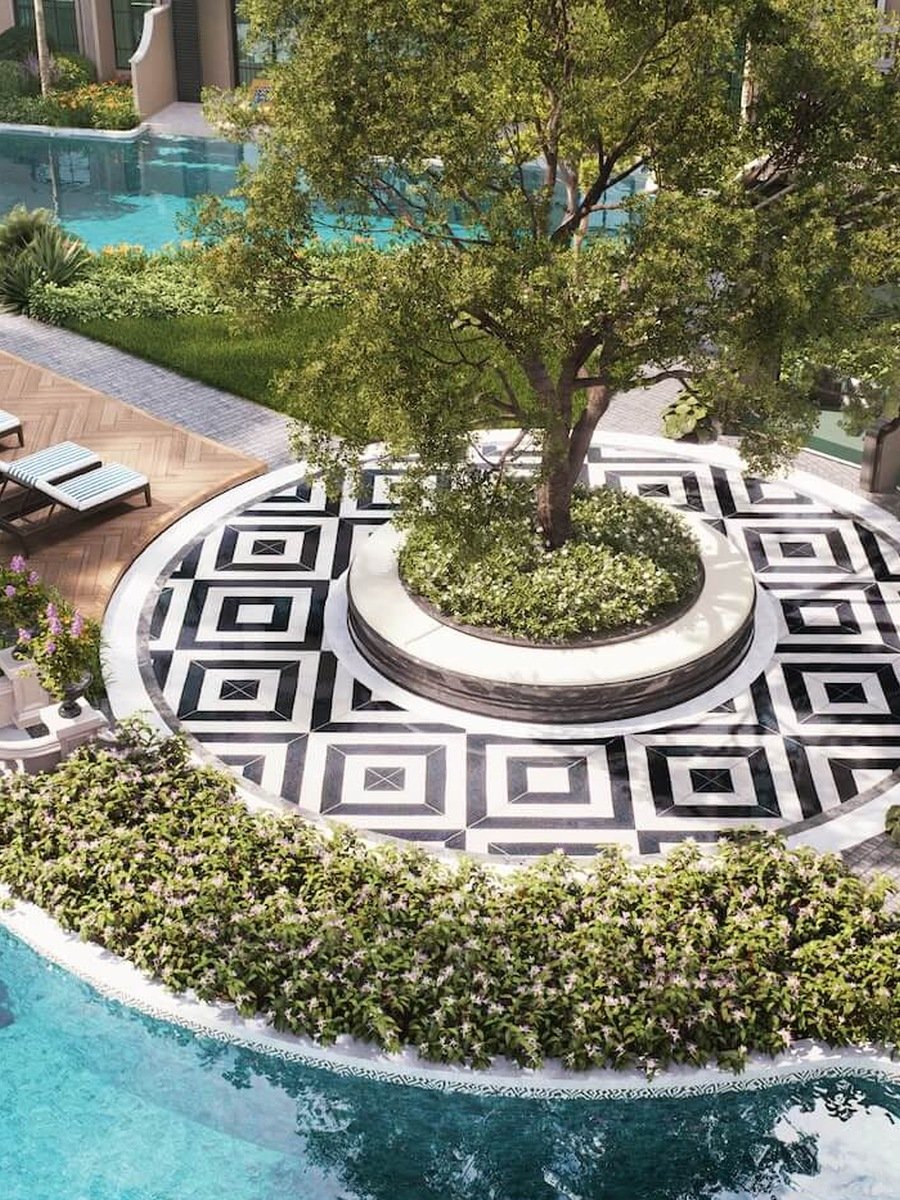 Landscaped pool garden with a bridge